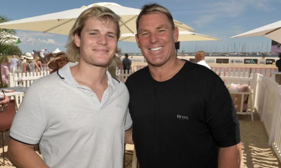 Jackson Warne and father Shane Warne in St Kilda in Melbourne