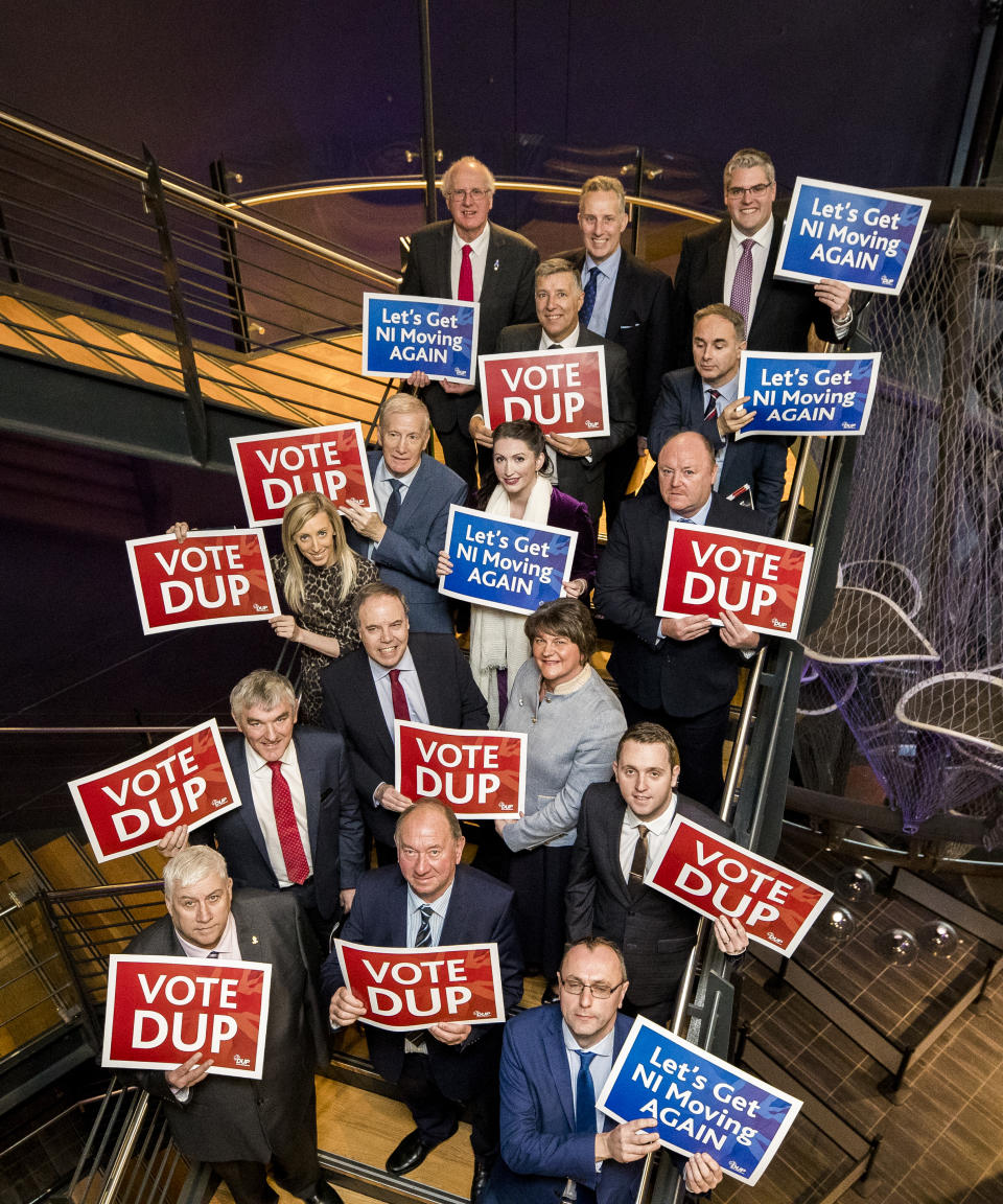 DUP leader Arlene Foster with party colleagues who are due to stand in the upcoming General Election pose after the launch of a new policy plan at W5 in Belfast.