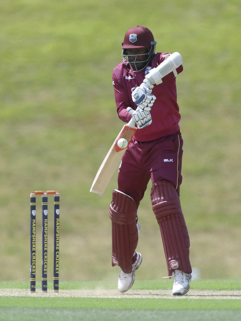 West Indies' Ashley Nurse bats during the World Cup warm-up match against Australia at the Nursery Ground, Southampton, England, Wednesday May 22, 2019. (Andrew Matthews/PA via AP)