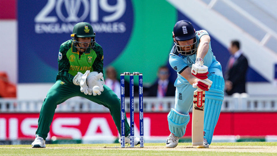 Jonny Bairstow of England is caught by wicketkeeper Quinton de Kock of South Africa during the Group Stage match of the ICC Cricket World Cup 2019 between England and South Africa at The Oval on May 30, 2019 in London, England. (Photo by Andy Kearns/Getty Images)