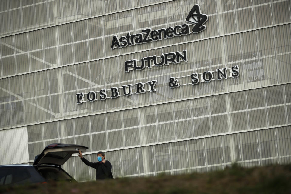 The AstraZeneca office building in Brussels, Friday, Jan. 29, 2021. Amid a dispute over expected shortfalls, the European Union is looking at legal ways to guarantee the delivery of all the COVID-19 vaccine doses it bought from AstraZeneca and other drugmakers as regulators are set to consider approving the Anglo-Swedish company's vaccine for use in the 27-nation EU. (AP Photo/Francisco Seco)