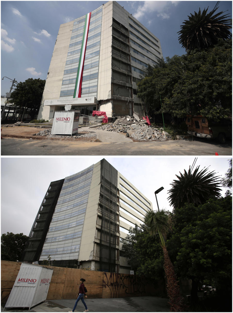 This photo combination shows a government building at Cuauhtemoc 614 that was damaged in last year's 7.1 magnitude earthquake, immediately after the quake on Sept. 19, 2017, top, and virtually untouched one year later, on Sept. 18, 2018, in Mexico City. Of about 411 buildings marked for demolition, only 62 have been taken down, and almost 1,000 more that were seriously damaged have yet to be reinforced. (AP Photos/Eduardo Verdugo, Rebecca Blackwell)
