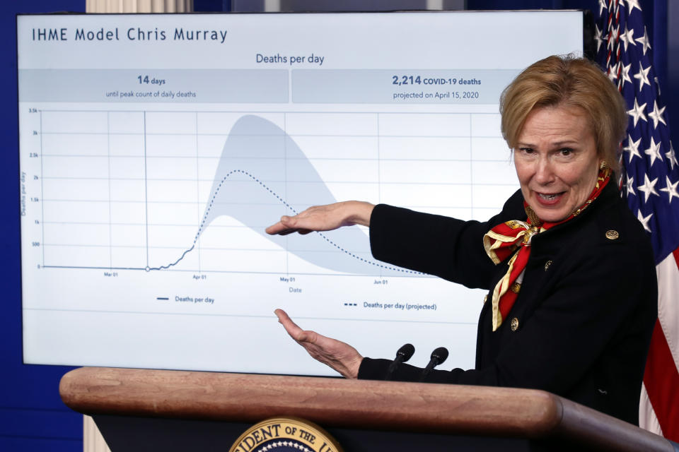 FILE - In this March 31, 2020, file photo, Dr. Deborah Birx, White House coronavirus response coordinator, speaks about the coronavirus in the James Brady Press Briefing Room of the White House in Washington. Birx was brought into President Donald Trump’s orbit to help fight the coronavirus, she had a sterling reputation as a globally recognized AIDS researcher and a rare Obama administration holdover. Less than 10 months later, her reputation is frayed and her future in President-elect Joe Biden's administration uncertain. (AP Photo/Alex Brandon, File)