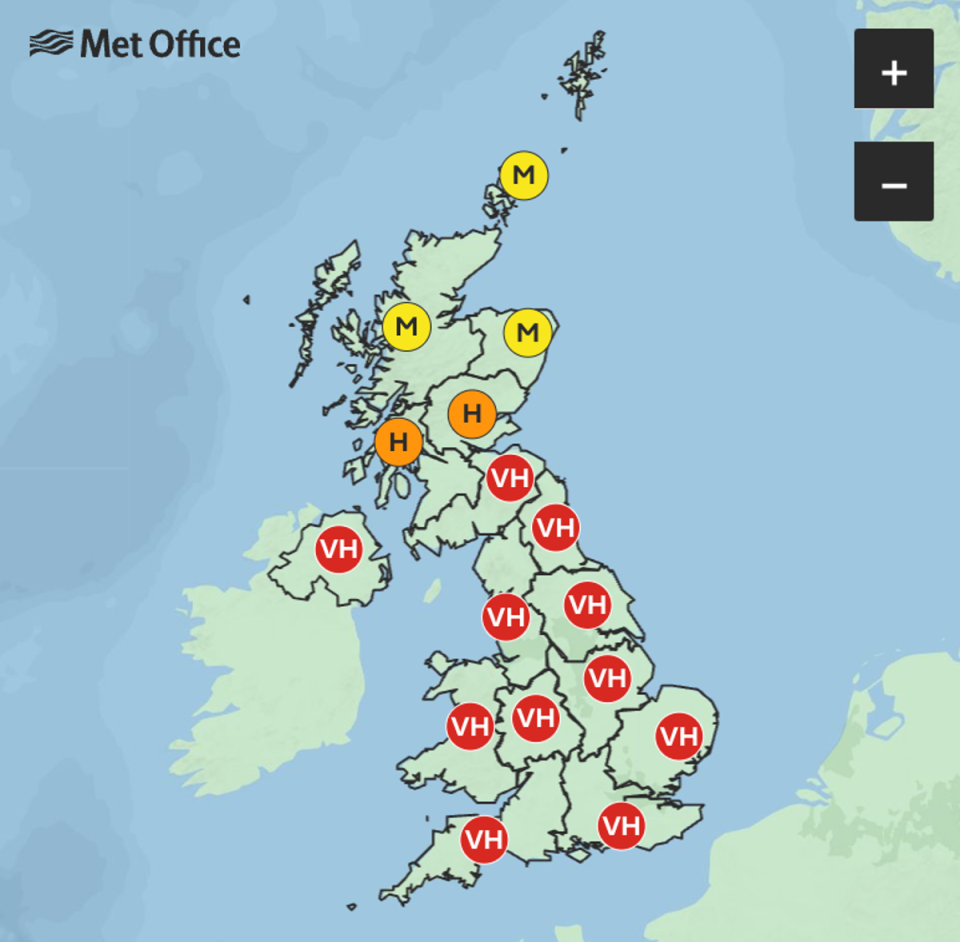 On Thursday, very high levels are expected in Northern Ireland, Wales, Dumfries and Galloway, the West Midlands, East Midlands, North West England, North East England, Yorkshire, the East of England, the South East and South West (Met Office)