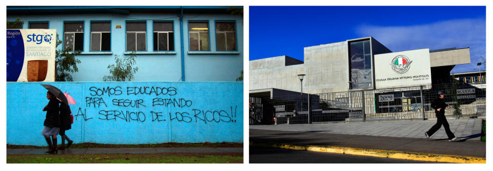 FILE - In this file combo of two photos taken in June 2012, shows two schools in Santiago, Chile. At left students arrive to the public school Poeta Federico Garcia Lorca where the wall is covered in graffiti that reads in Spanish "We are educated to continue serving the rich" in the Conchali sector of Santiago, Chile, and at right a woman jogs by a private Italian school located in the San Carlos de Apoquindo of Santiago's Las Condes sector. The efforts of Chile's President Sebastian Pinera to squeeze political advantage from his campaign to reduce poverty have backfired, opening him up to accusations that he distorted statistics to show progress on a campaign promise. (AP Photo/Victor Ruiz Caballero)