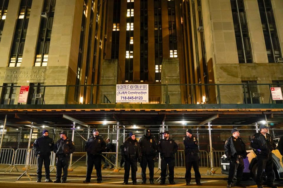 Court officers stand guard outside the Manhattan criminal courts building, Thursday, March 30, after Trump was indicted (Copyright 2023 The Associated Press. All rights reserved)