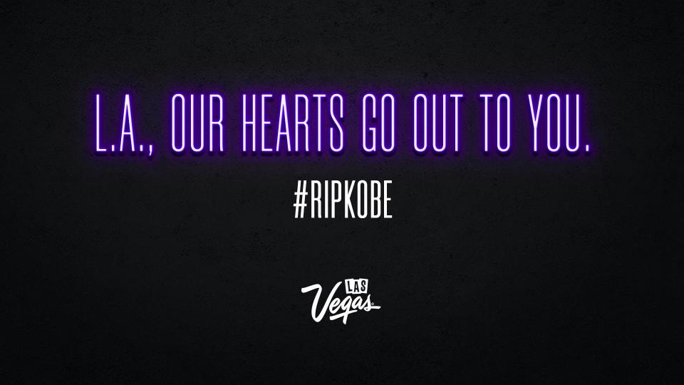 On Sunday night, several Las Vegas resorts showed these messages: “L.A., OUR HEARTS GO OUT TO YOU” and “#RIPKOBE.”