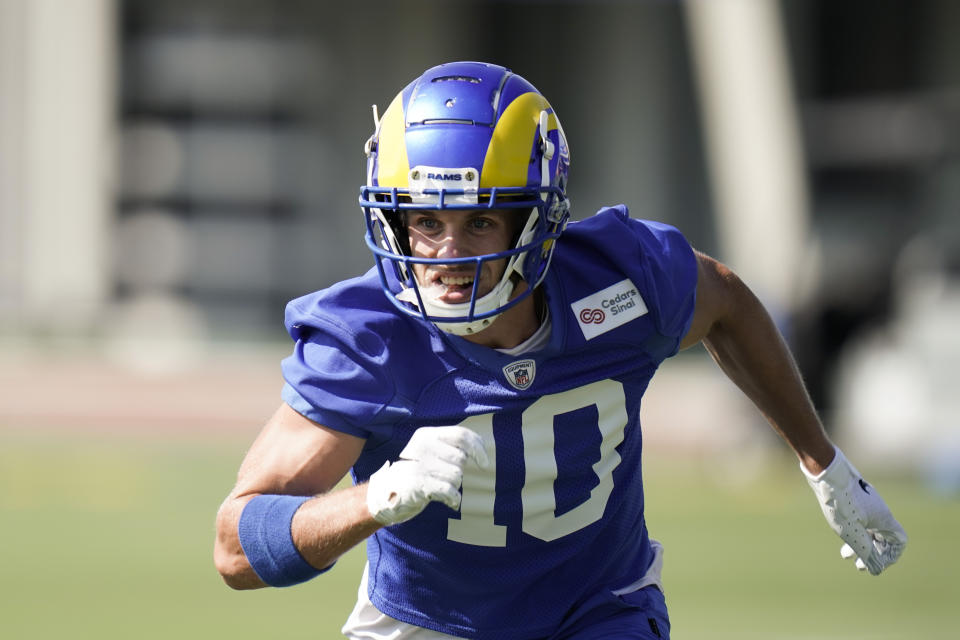 Los Angeles Rams wide receiver Cooper Kupp runs during an NFL football camp practice Thursday, Aug. 27, 2020, in Thousand Oaks, Calif. (AP Photo/Jae C. Hong)