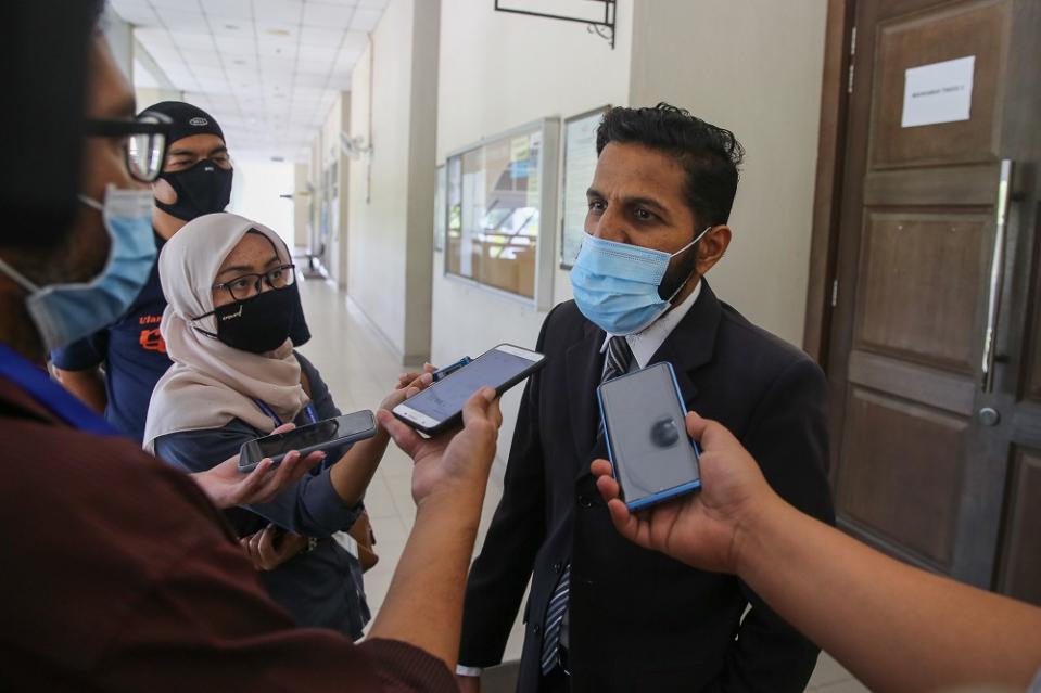 Nora Anne Quoirin's family lawyer  S. Sakthyvell speaks to reporters at the Seremban Coroner’s Court October 19, 2020. — Picture by Yusof Mat Isa