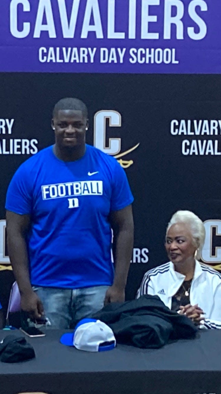 Terry Simmons Jr. and his great grandmother Diane Green as he announced his commitment to play football at Duke on Saturday.