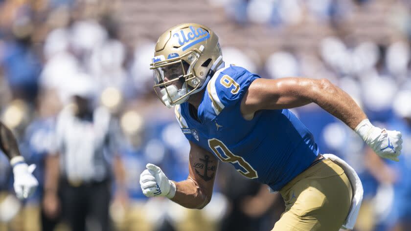 UCLA tight end Jake Bobo (9) runs during a game against Bowling Green on Sept. 3 in Pasadena.