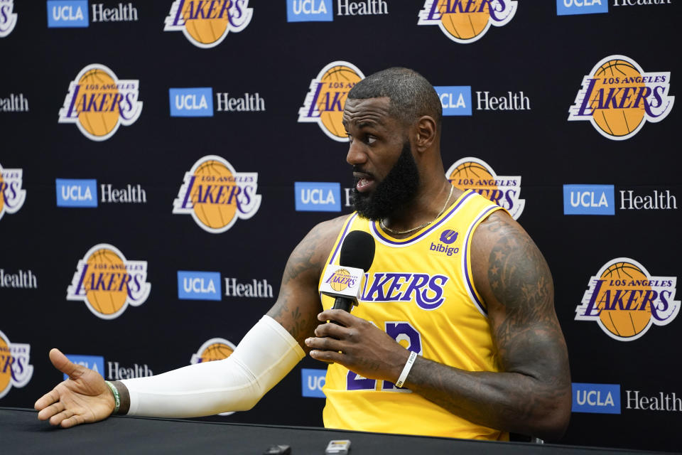 Los Angeles Lakers forward LeBron James speaks to the media during the NBA basketball team's media day, Monday, Oct. 2, 2023, in El Segundo, Calif. (AP Photo/Ryan Sun)