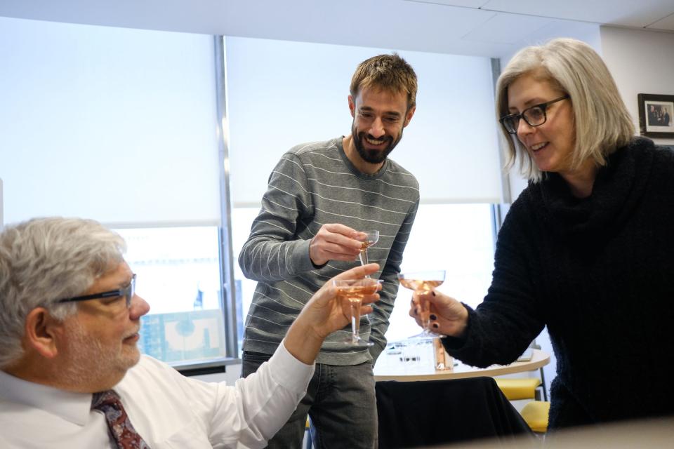 Detroit Free Press Editor Peter Bhatia Brian Kaufman and Kathy Kieliszewski share a toast after the Pulitzer announcements on April 16, 2018. "The Wall: Unknown stories. Unintended consequences" won the Pulitzer Prize for Explanatory Reporting. Journalists from the Arizona Republic and throughout the USA TODAY NETWORK spent months traveling the length of the U.S.-Mexico border by land and air, documenting the possible impact of a wall on security, life, commerce, smuggling and property rights.
Kathy Kieliszewski, photo and video director for the Free Press, and Brian Kaufman, executive video producer for the Free Press, played major roles in the project.