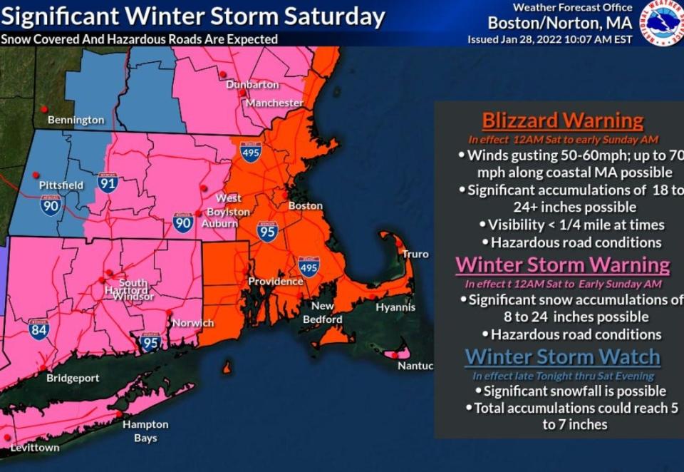 The National Weather Service has issued a blizzard warning for Rhode Island. It goes into effect at midnight Friday and continues until midnight Saturday.