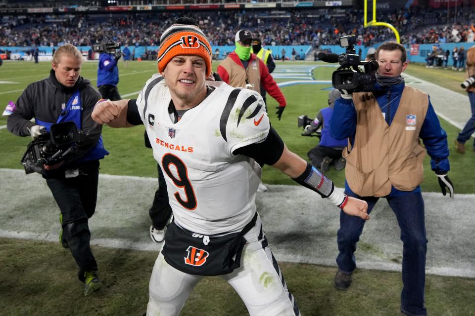 Joe Burrow celebrates after the Bengals' win over the Titans.