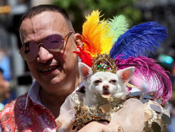 person with buzzcut and aviator sunglasses holds a small white dog wearing a rainbow feather headdress