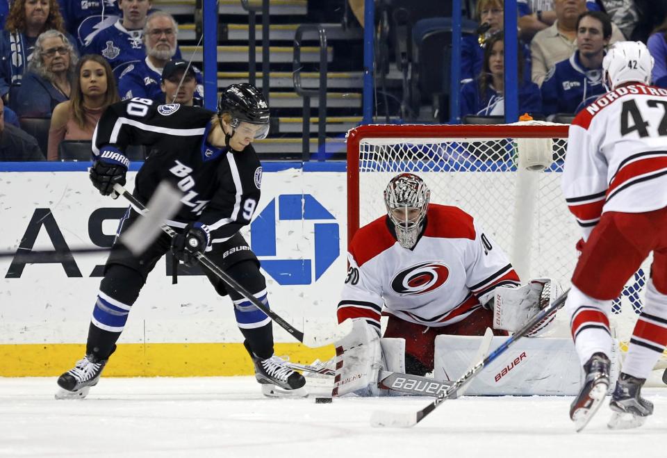 Tampa Bay Lightning's Vladislav Namestnikov, of Russia, shoots against Carolina Hurricanes goalie Cam Ward during the first period of an NHL hockey game Saturday, Dec. 31, 2016, in Tampa, Fla. (AP Photo/Mike Carlson)