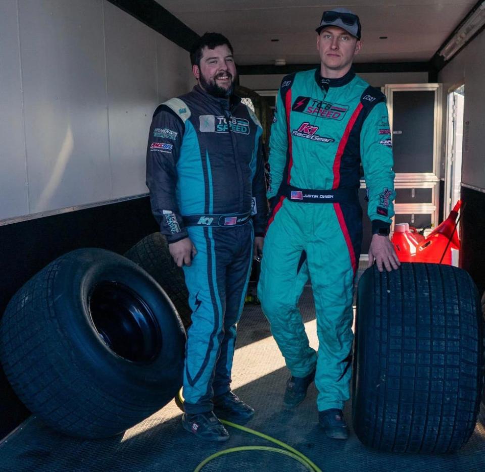Justin Owen, right, with best friend Michael Fischesser. The two owned Fischesser-Owen Racing and were known as the kings of Lawrenceburg Speedway in Indiana.