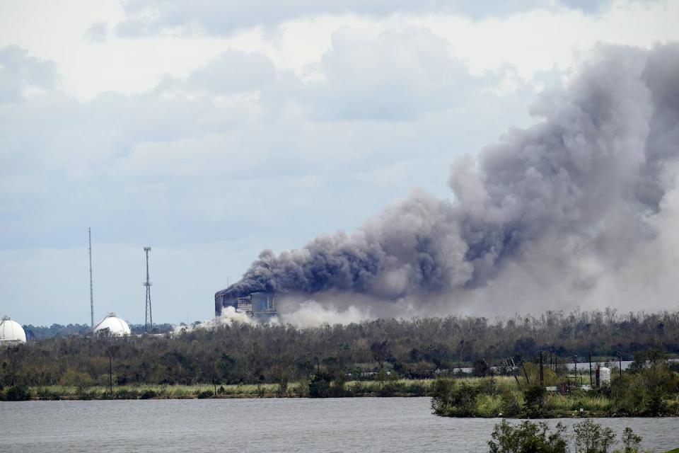 A fire burns at the BioLab Inc. chemical plant in Westlake, La., on Aug. 27, 2020. Winds from Hurricane Laura damaged several buildings, and rainwater reached the chemicals stored there, triggering a fire that released a chlorine plume. The U.S. Chemical Safety and Hazard Investigation Board later concluded that the facility was not adequately prepared for extreme weather. <a href="https://newsroom.ap.org/detail/TropicalWeatherLouisiana/d351c48226b3451d91311a08a5f5ff31/photo" rel="nofollow noopener" target="_blank" data-ylk="slk:AP Photo/Gerald Herbert;elm:context_link;itc:0;sec:content-canvas" class="link ">AP Photo/Gerald Herbert</a>