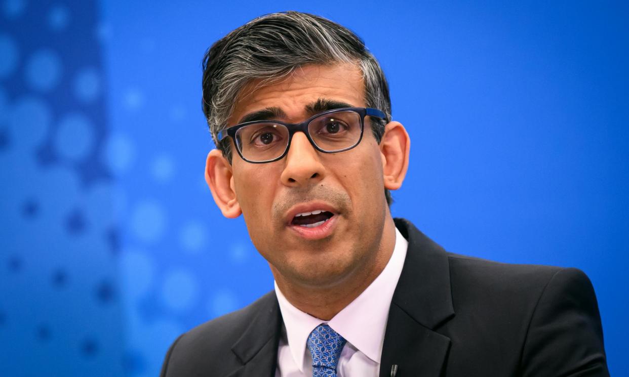 <span>Prime minister Rishi Sunak speaks during the launch of the Welsh Conservatives general election manifesto on 21 June.</span><span>Photograph: Leon Neal/Getty Images</span>