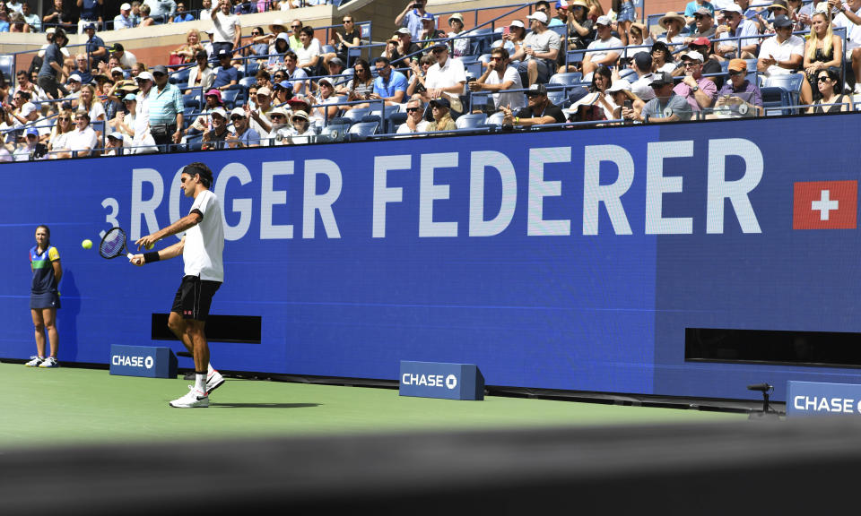 Roger Federer, of Switzerland, warms up prior to facing David Goffin, of Belgium, during the fourth round of the US Open tennis championships Sunday, Sept. 1, 2019, in New York. (AP Photo/Sarah Stier)