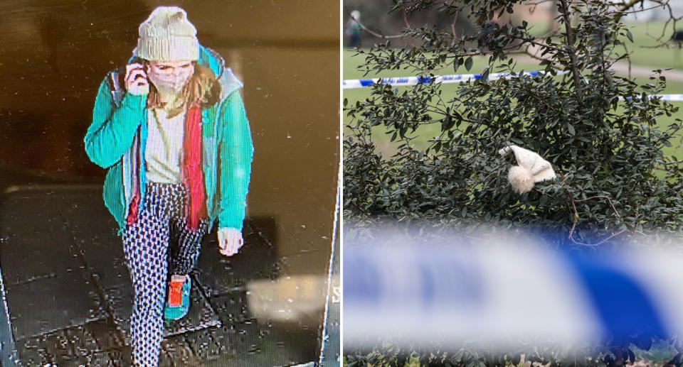 a beanie similar to Sarah Everard's was seen behind police tape in a bush.