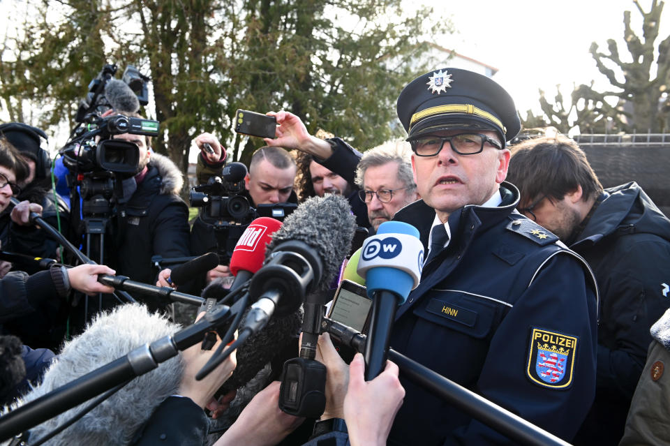 25 February 2020, Hessen, Volkmarsen: Henning Hinn (M), spokesman for the police headquarters of Northern Hesse, makes a statement. The day before, a man had driven his car into a carnival parade and injured numerous people, including children. The Frankfurt public prosecutor's office is investigating an attempted homicide. Photo: Uwe Zucchi/dpa (Photo by Uwe Zucchi/picture alliance via Getty Images)