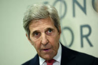 John Kerry, United States Special Presidential Envoy for Climate speakers during an interview with The Associated Press during the World Economic Forum in Davos, Switzerland, Tuesday, May 24, 2022. The annual meeting of the World Economic Forum is taking place in Davos from May 22 until May 26, 2022. (AP Photo/Markus Schreiber)