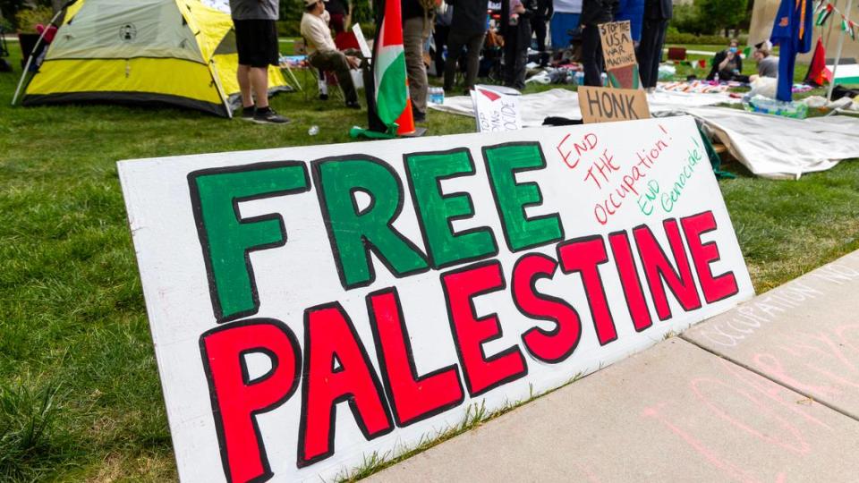 Supporters of Palestine set up an encampment in downtown Boise to call for a permanent ceasefire in Gaza.