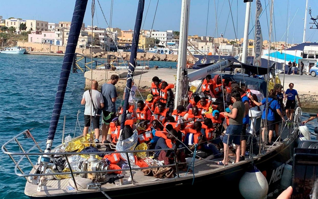 The Italian NGO Mediterranea Saving Humans' Alex migrant rescue ship carrying 40 migrants rescued off Libya coasts, docks in the port of Lampedusa, Sicily island, Italy, Saturday, July 6, 2019 - ANSA