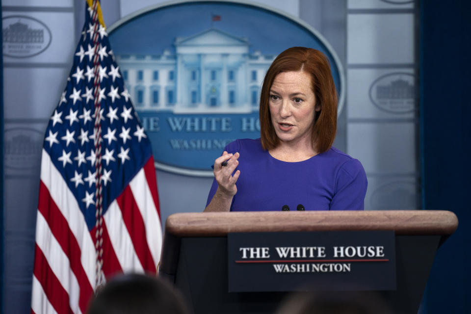 White House press secretary Jen Psaki speaks during a press briefing at the White House, Wednesday, Feb. 24, 2021, in Washington. (AP Photo/Evan Vucci)