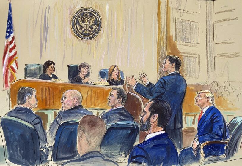 This artist sketch depicts former President Donald Trump, seated right, listening as his attorney D. John Sauer, standing, speaks before the D.C. Circuit Court of Appeals at the federal courthouse, Tuesday, Jan. 9, 2024 in Washington. (Dana Verkouteren via AP)