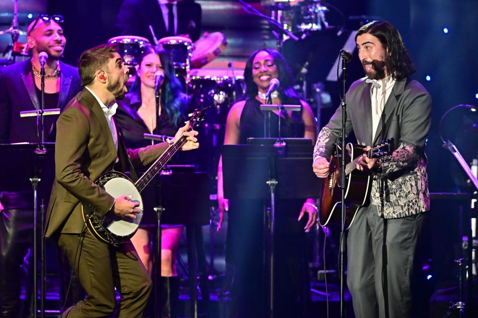 Singer Noah Kahan (right) performs onstage during the Recording Academy and Clive Davis' Salute To Industry Icons pre-Grammy gala at the Beverly Hilton hotel in Beverly Hills, California on Feb. 3, 2024.