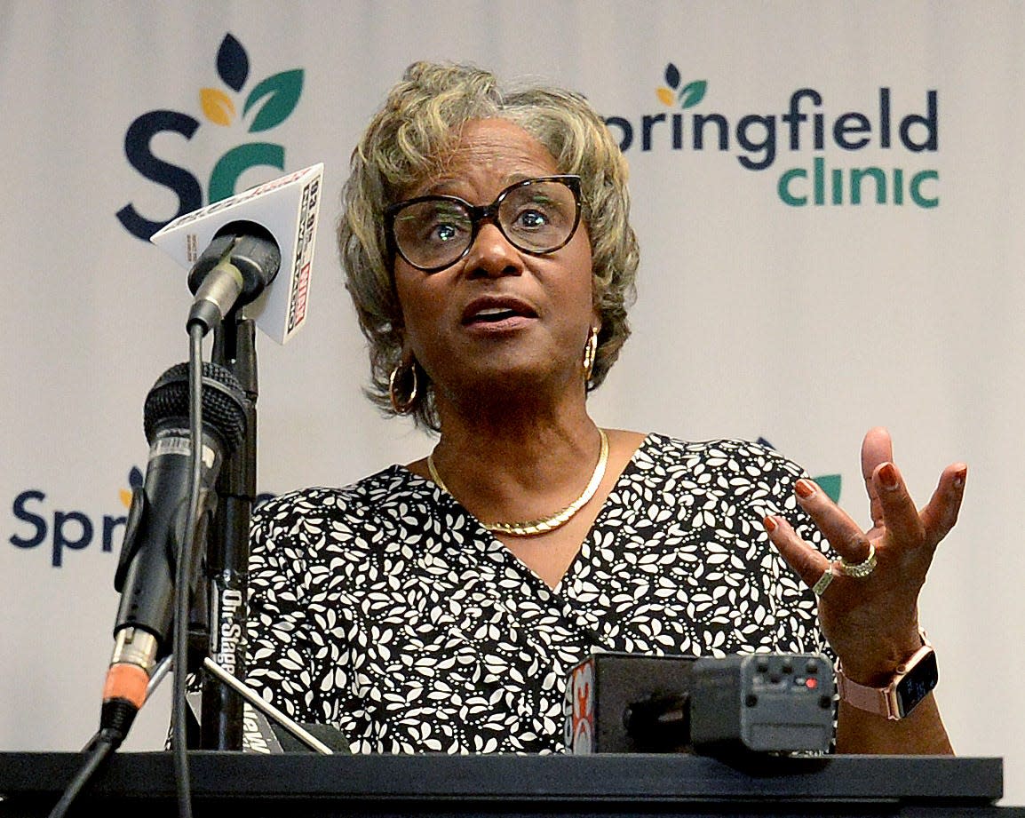 Sen. Doris Turner, D-Springfield, speaks at the Springfield Clinic on Thursday. [Thomas J. Turney/The State Journal-Register]