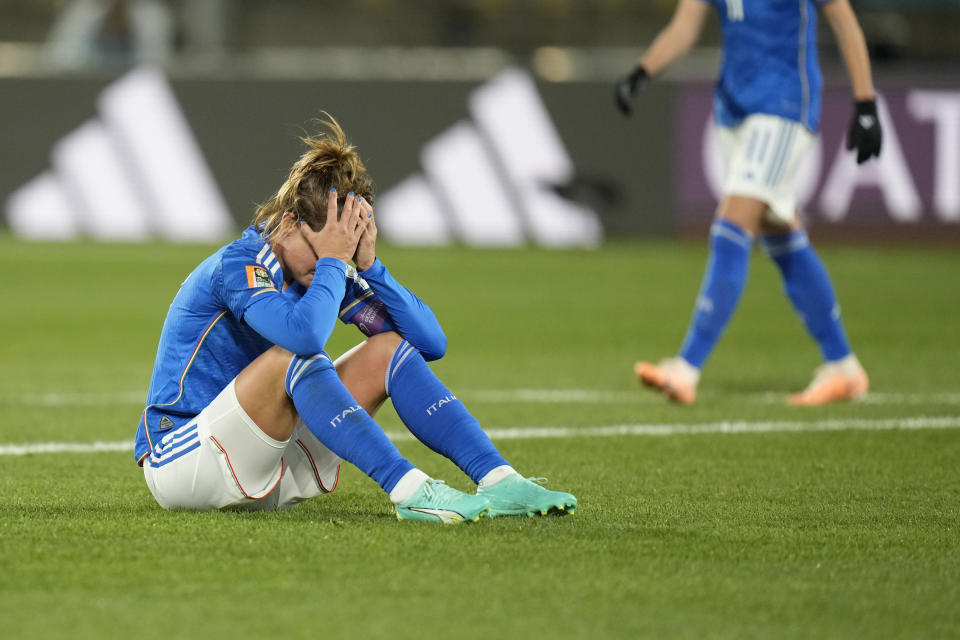 Italy's Cristiana Girelli reacts after loosing the Women's World Cup Group G soccer match against South Africa in Wellington, New Zealand, Wednesday, Aug. 2, 2023. (AP Photo/Alessandra Tarantino)
