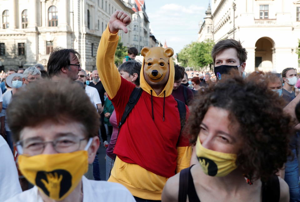 A person dressed as Winnie the Pooh – the subversive nickname of Xi Jinping – seen at the protest.