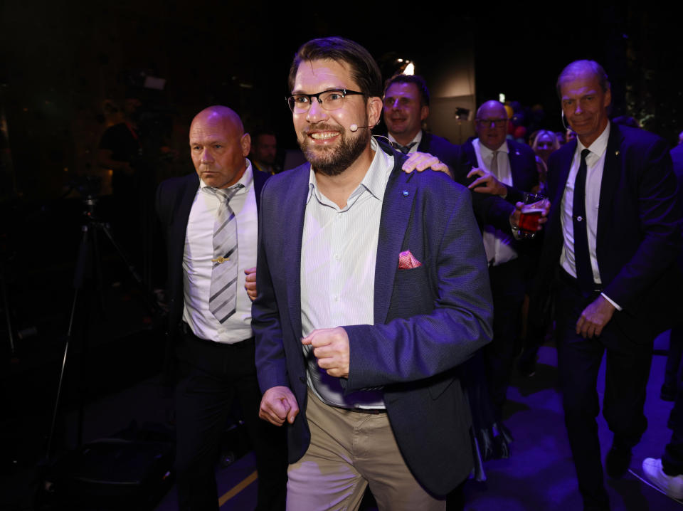 The leader of the Sweden Democrats Jimmie Åkesson celebrates at the party's election watch at Elite Hotel Marina Tower Tower in Nacka, near Stockholm, Sweden, early Monday, Sept. 11, 2022. (Stefan Jerrevång/TT News Agency via AP)