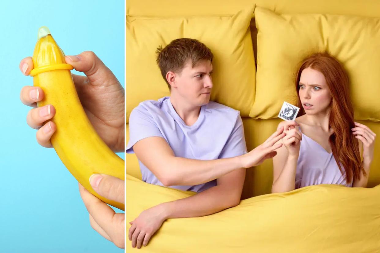 A man and woman in bed with a banana