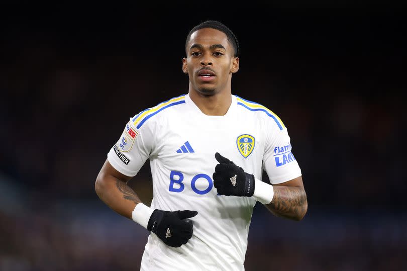 Crysencio Summerville of Leeds United looks on  during the Sky Bet Championship match between Leeds United and Sunderland at Elland Road on April 09, 2024 in Leeds, England.