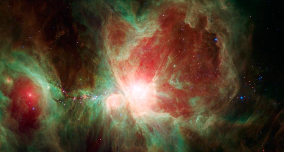 The <a href="http://www.nasa.gov/content/spitzers-orion/#.VI8dMifwNBK" target="_blank">Orion Nebula</a>, an immense stellar nursery some 1,500 light-years away. This stunning false-color view was constructed using infrared data from the Spitzer Space Telescope.