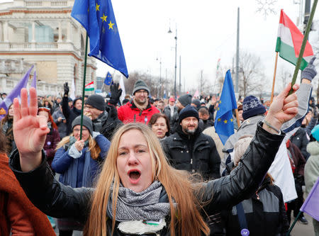 A woman chants slogans as she gestures during a protest against a proposed new labor law, billed as the "slave law", in Budapest, Hungary, January 19, 2019. REUTERS/Bernadett Szabo