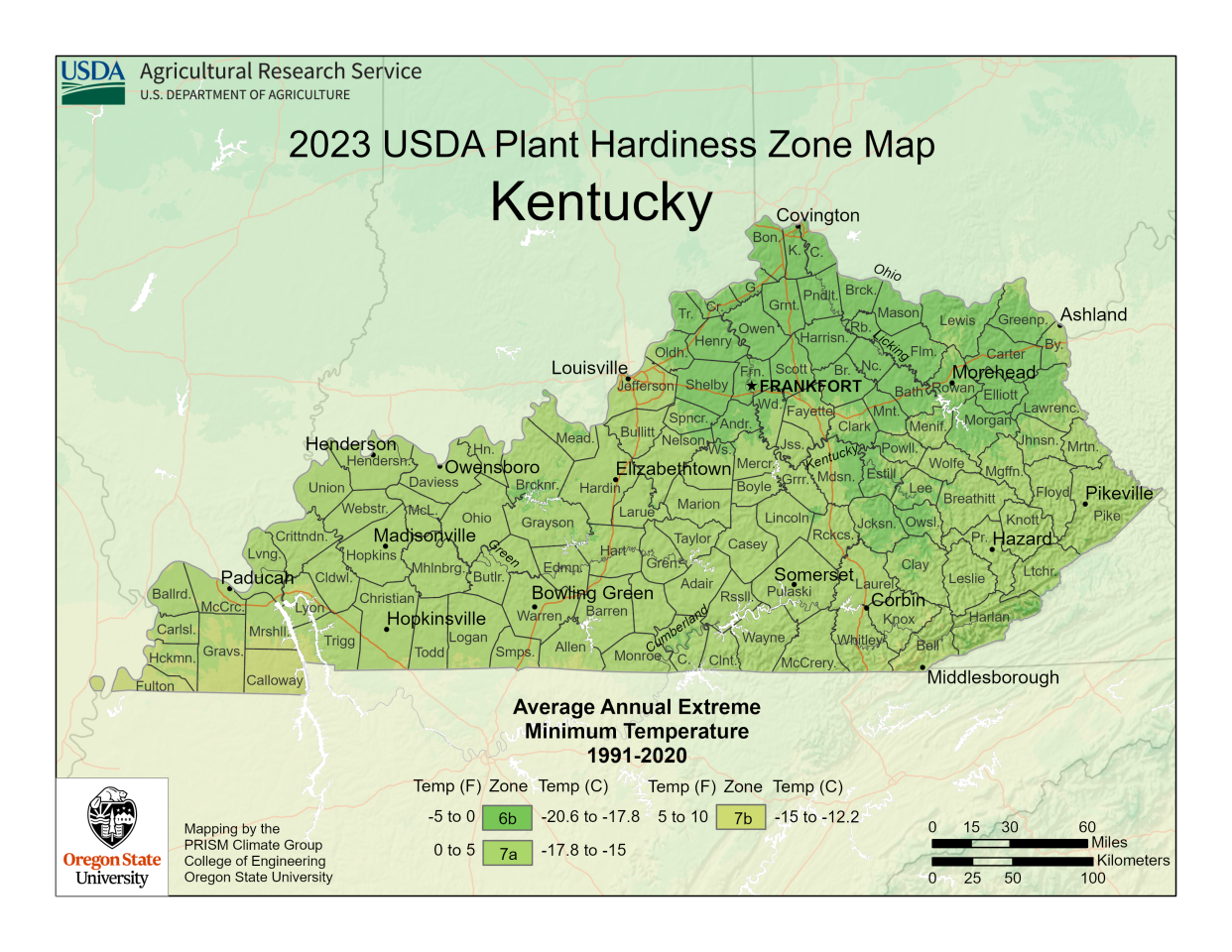 2023 USDA Plant Hardiness Zone Map for Kentucky