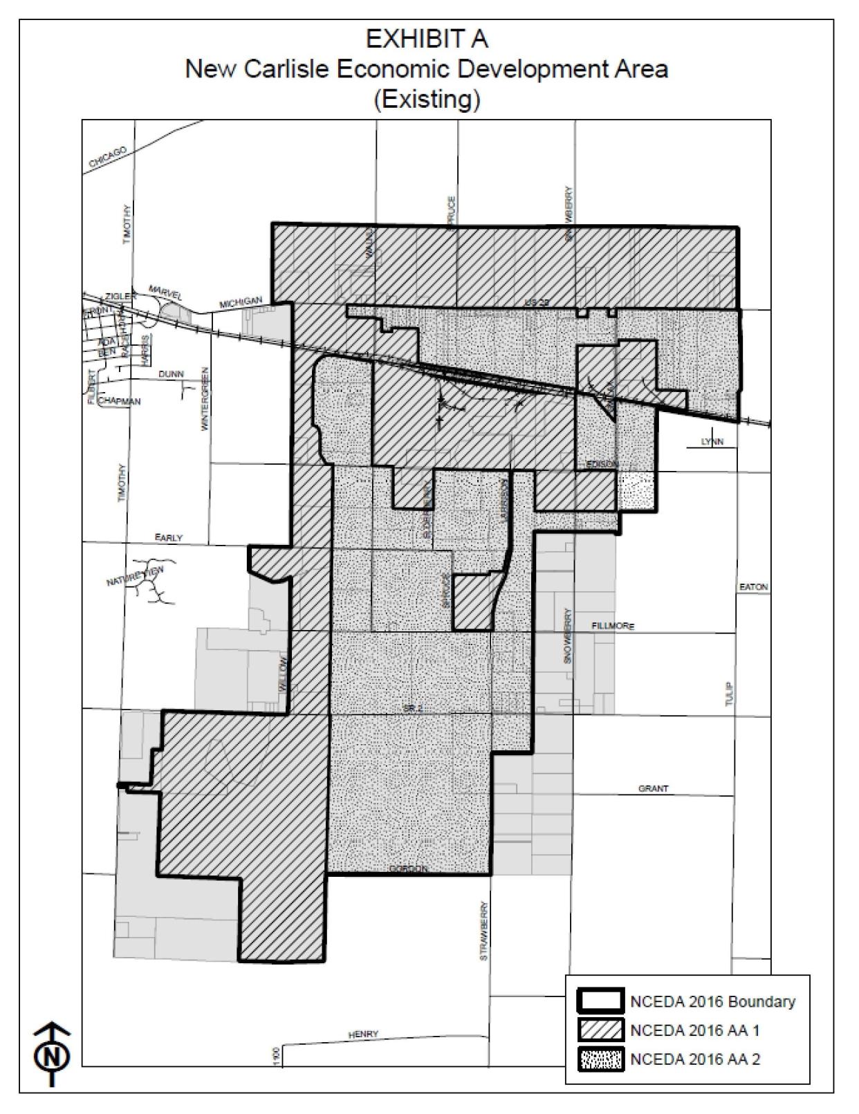 This map shows the existing New Carlisle Economic Development Area, before a proposed expansion in fall 2023. The lighter gray areas on the east and west show where it would expand.