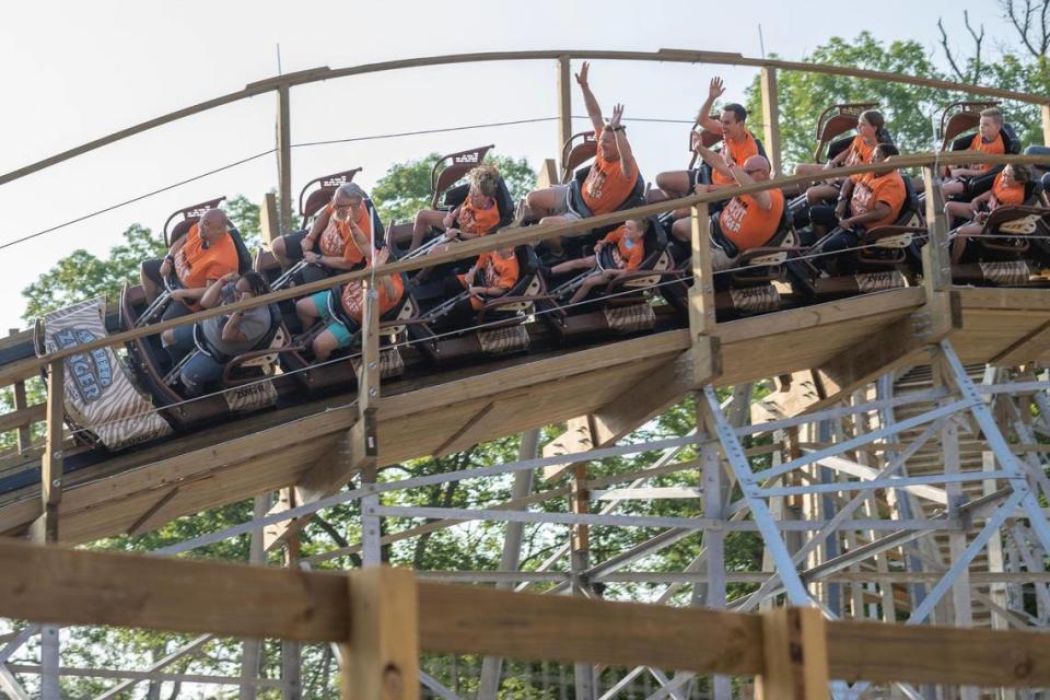 The first riders experience the reimagined Zambezi Zinger rollercoaster at Worlds of Fun on Friday, June 16, 2023, in Kansas City.