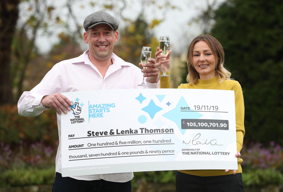 Self-employed builder Steve Thomson, 42, and his wife Lenka Thomson, 41, from Selsey, West Sussex, celebrate their �105 million EuroMillions win at the Hilton Avisford Park, Walberton, West Sussex.