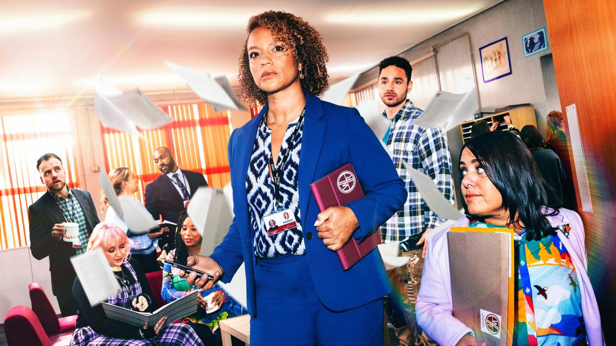  The Waterloo Road season 13 key art featuring Kim Campbell and the rest of the school team in the staff room. 