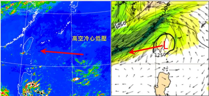 6日4時紅外線色調強化雲圖顯示，高空冷心低壓在台灣東方約1千多公里處(左圖)。5日20時歐洲模式200百帕風場模擬圖顯示，高空冷心低壓8日20時已前進至台灣東南部，繼續偏西前進(右圖)。