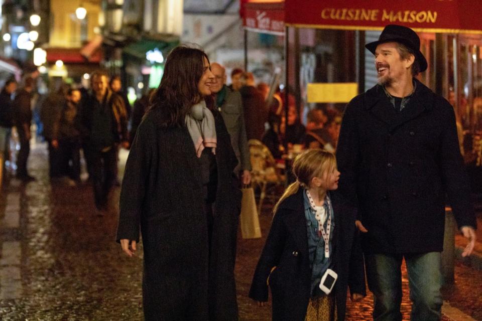 Juliette Binoche, left, Clémentine Grenier and Ethan Hawke in the movie "The Truth."