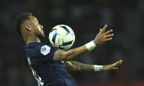 PSG's Neymar during the French League One soccer match between Paris Saint-Germain and Monaco at the Parc des Princes in Paris, France, Sunday, Aug. 28, 2022. (AP Photo/Aurelien Morissard)