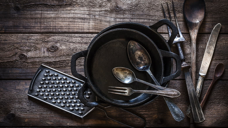 cast iron pan and utensils